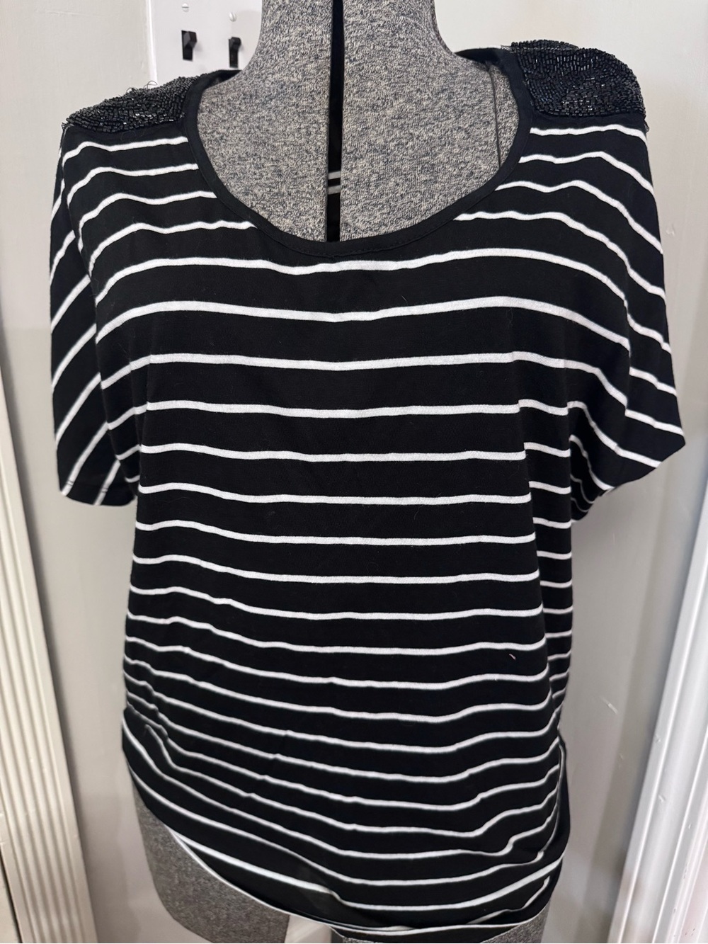 Black & White Striped Women's Short Sleeve Top with Beaded Shoulders Small